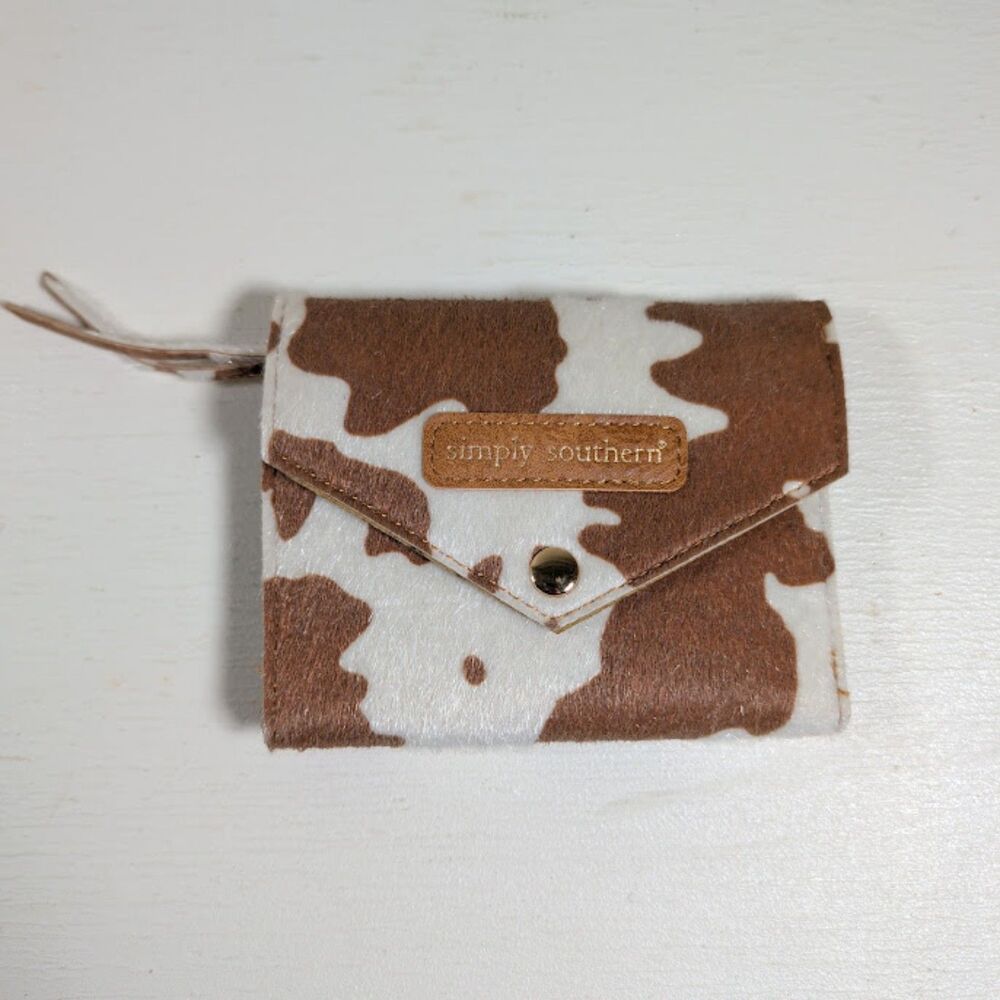 Simply Southern Cow Print Trifold Wallet Wristlet Brown White Faux Cowhide